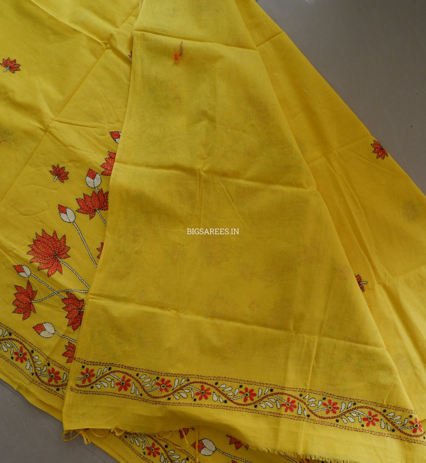 Kantha Hand-Embroidered Saree | Pure Khadi Cotton | Yellow