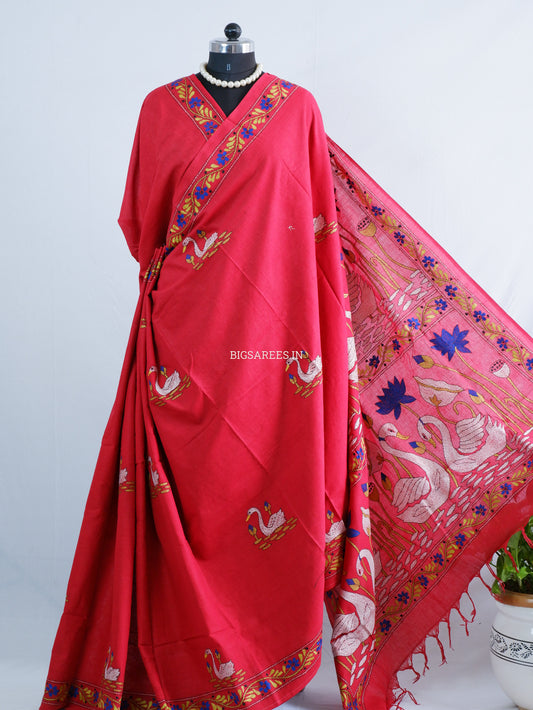 Kantha Hand-Embroidered Saree | Pure Khadi Cotton | Red