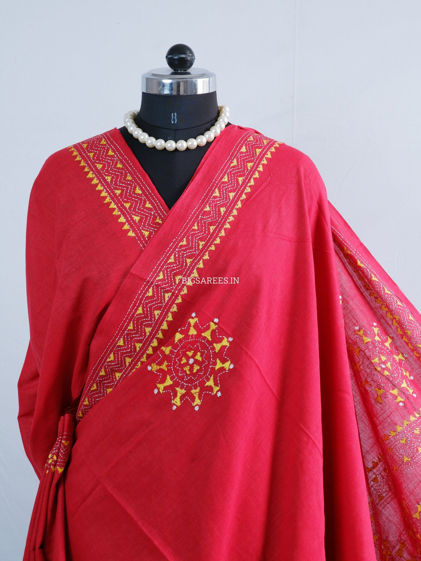 Kantha Hand-Embroidered Saree | Pure Khadi Cotton | Red