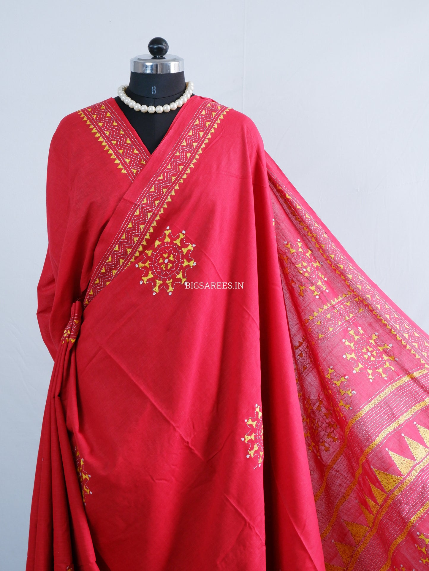 Kantha Hand-Embroidered Saree | Pure Khadi Cotton | Red