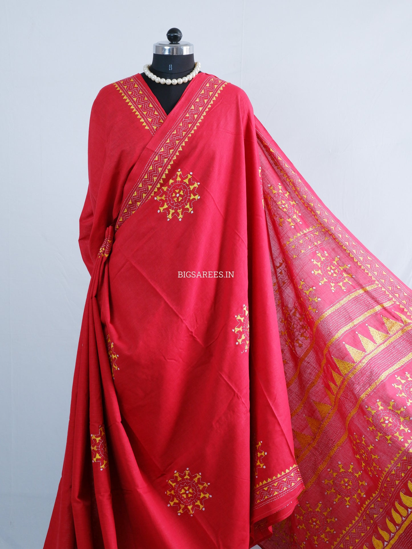 Kantha Hand-Embroidered Saree | Pure Khadi Cotton | Red
