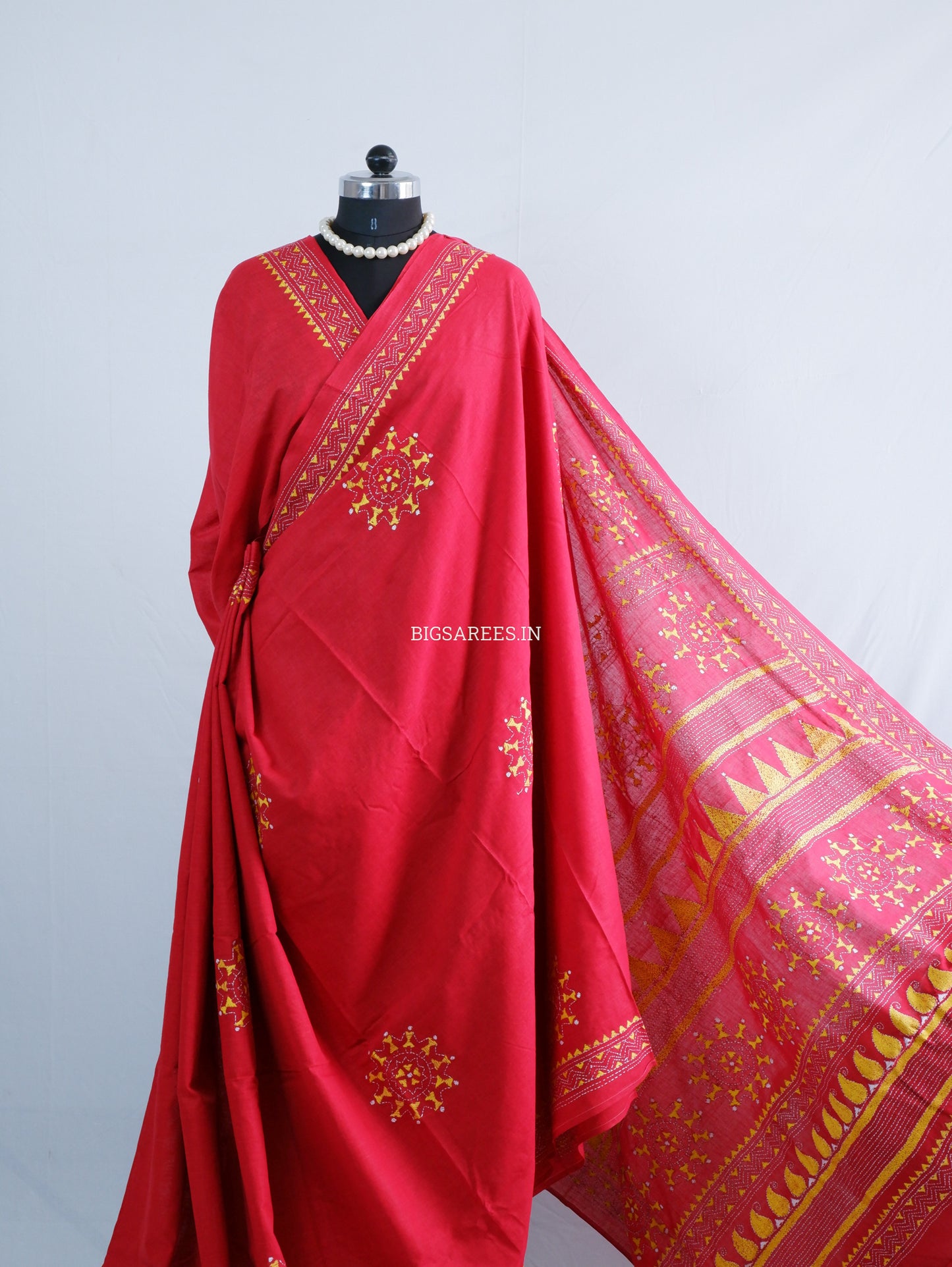 Kantha Hand-Embroidered Saree | Pure Khadi Cotton | Red