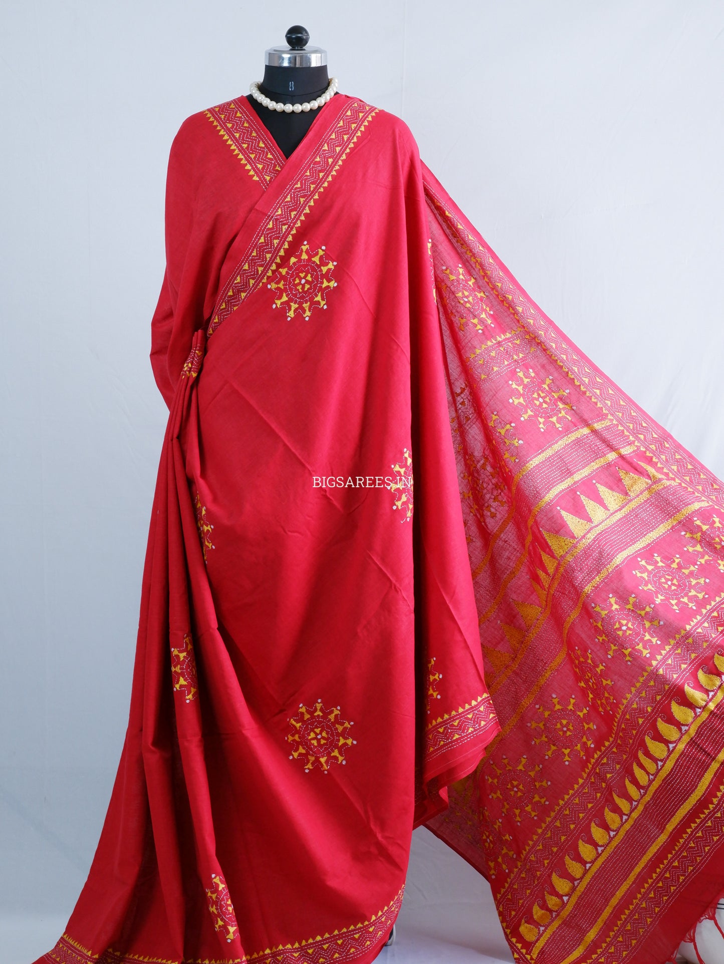 Kantha Hand-Embroidered Saree | Pure Khadi Cotton | Red