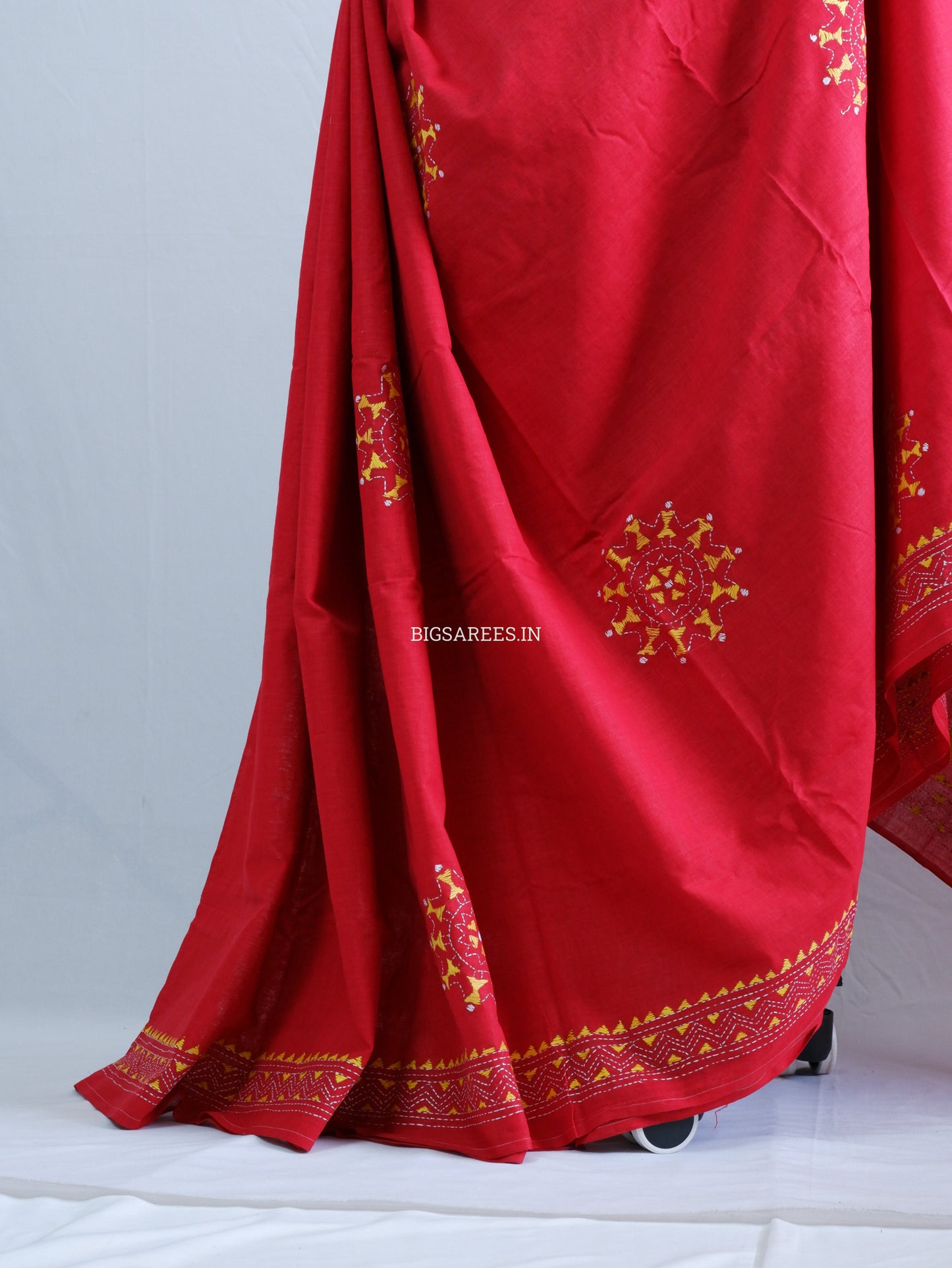 Kantha Hand-Embroidered Saree | Pure Khadi Cotton | Red