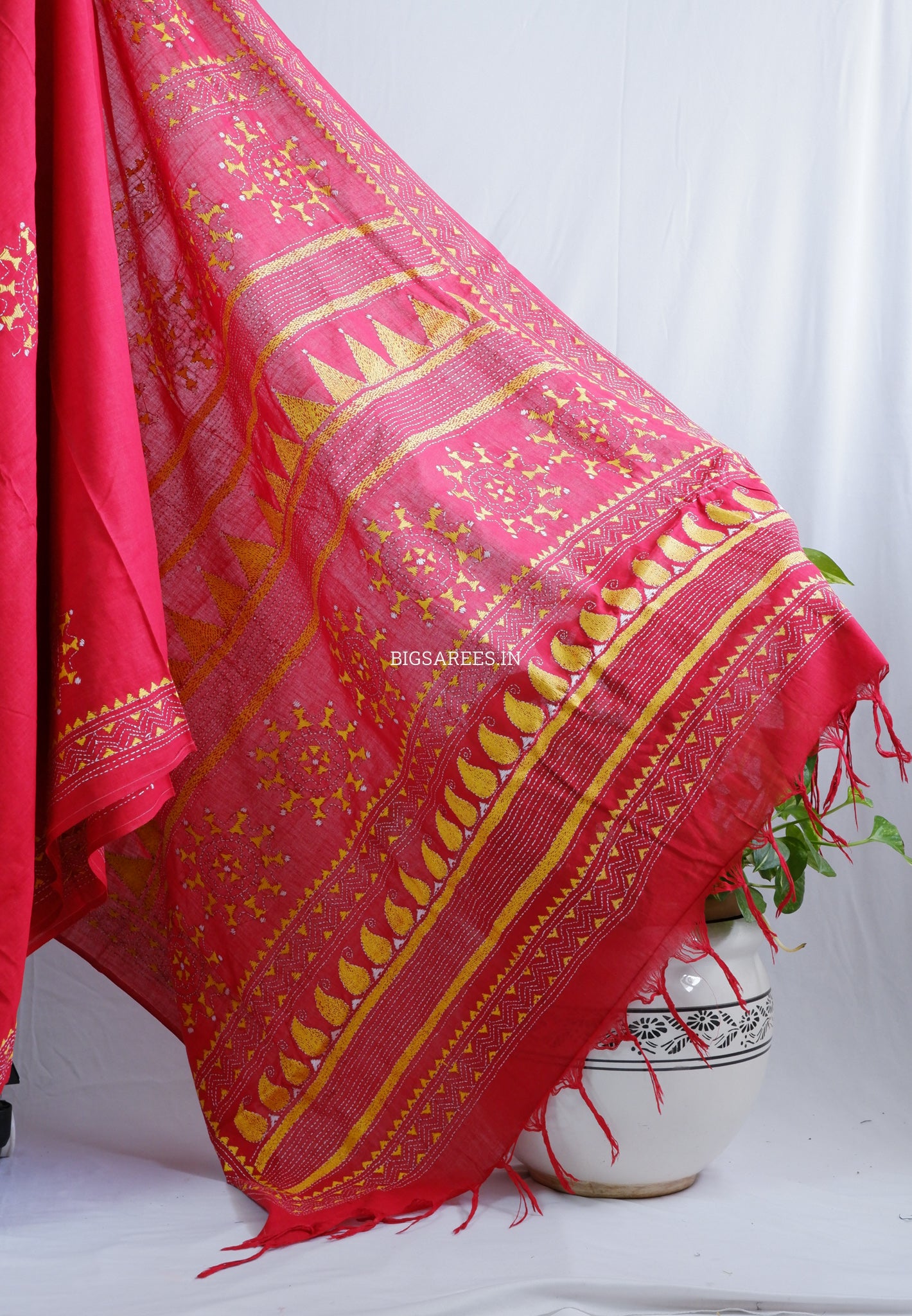 Kantha Hand-Embroidered Saree | Pure Khadi Cotton | Red