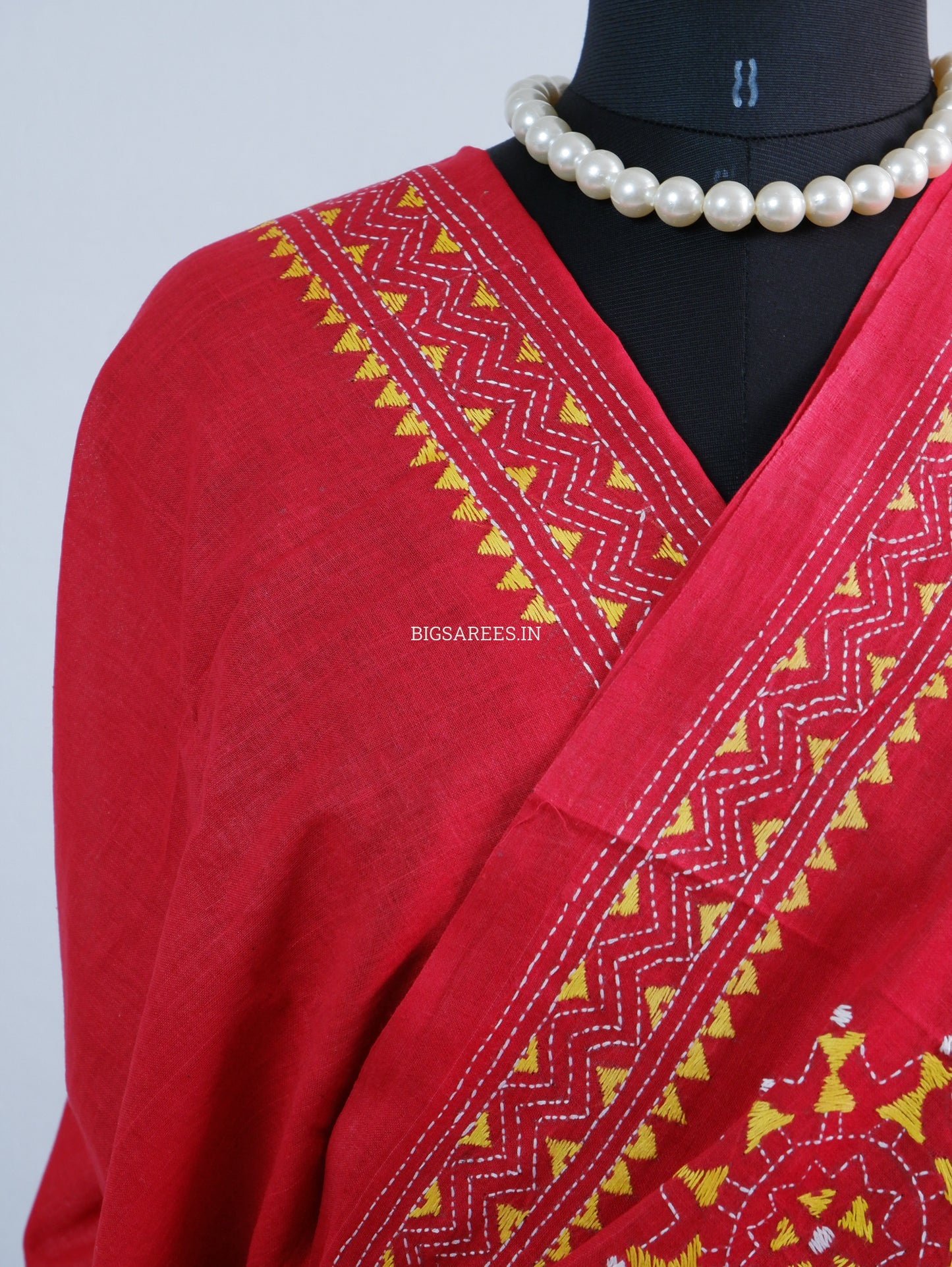 Kantha Hand-Embroidered Saree | Pure Khadi Cotton | Red