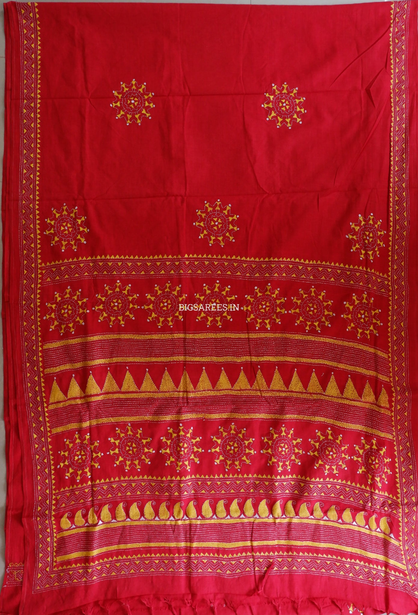 Kantha Hand-Embroidered Saree | Pure Khadi Cotton | Red