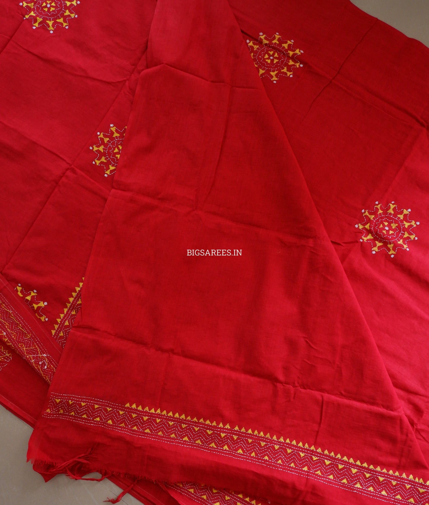 Kantha Hand-Embroidered Saree | Pure Khadi Cotton | Red