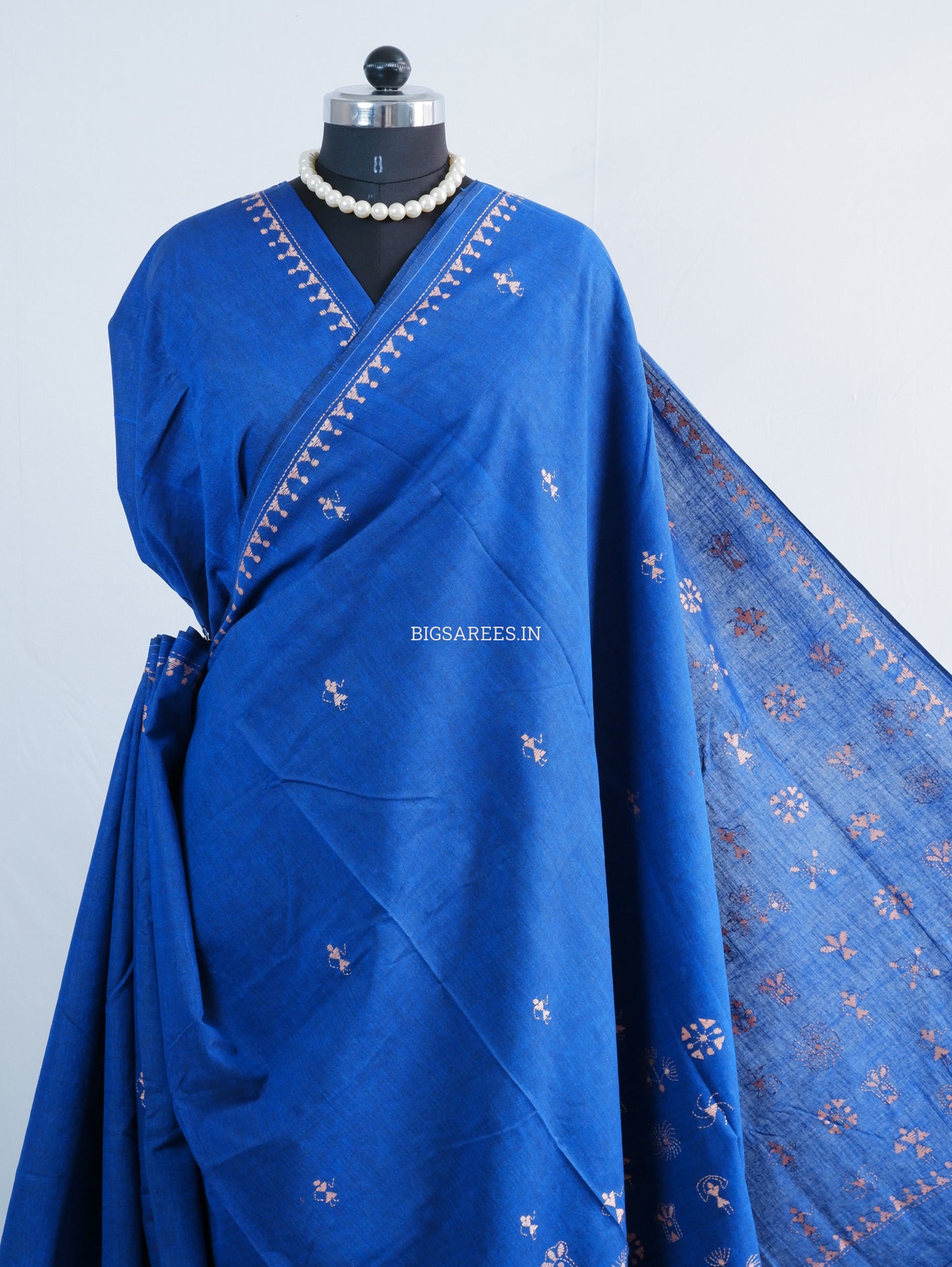 Kantha Stitch Hand-Embroidered Saree | Khadi Cotton | Azure Blue