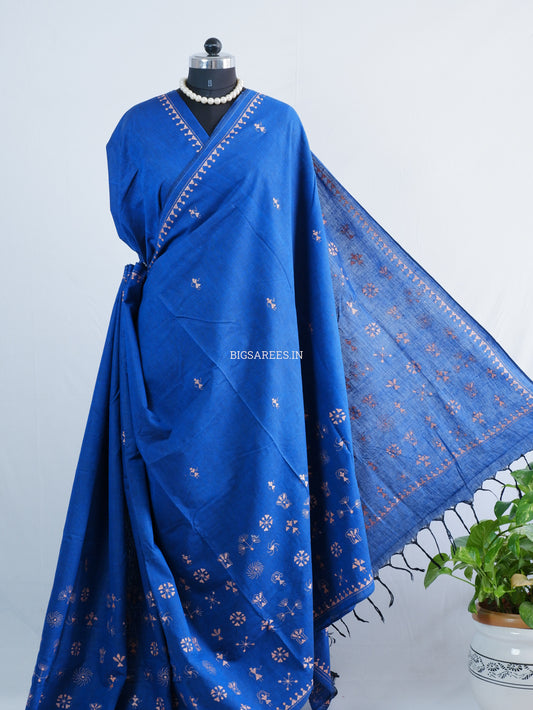 Kantha Stitch Hand-Embroidered Saree | Khadi Cotton | Azure Blue