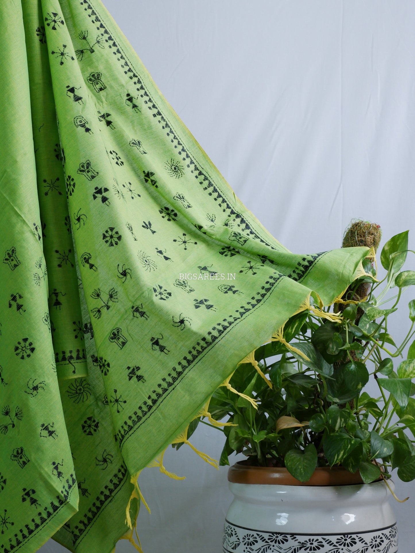 Kantha Stitch Hand-Embroidered Saree | Khadi Cotton | Green