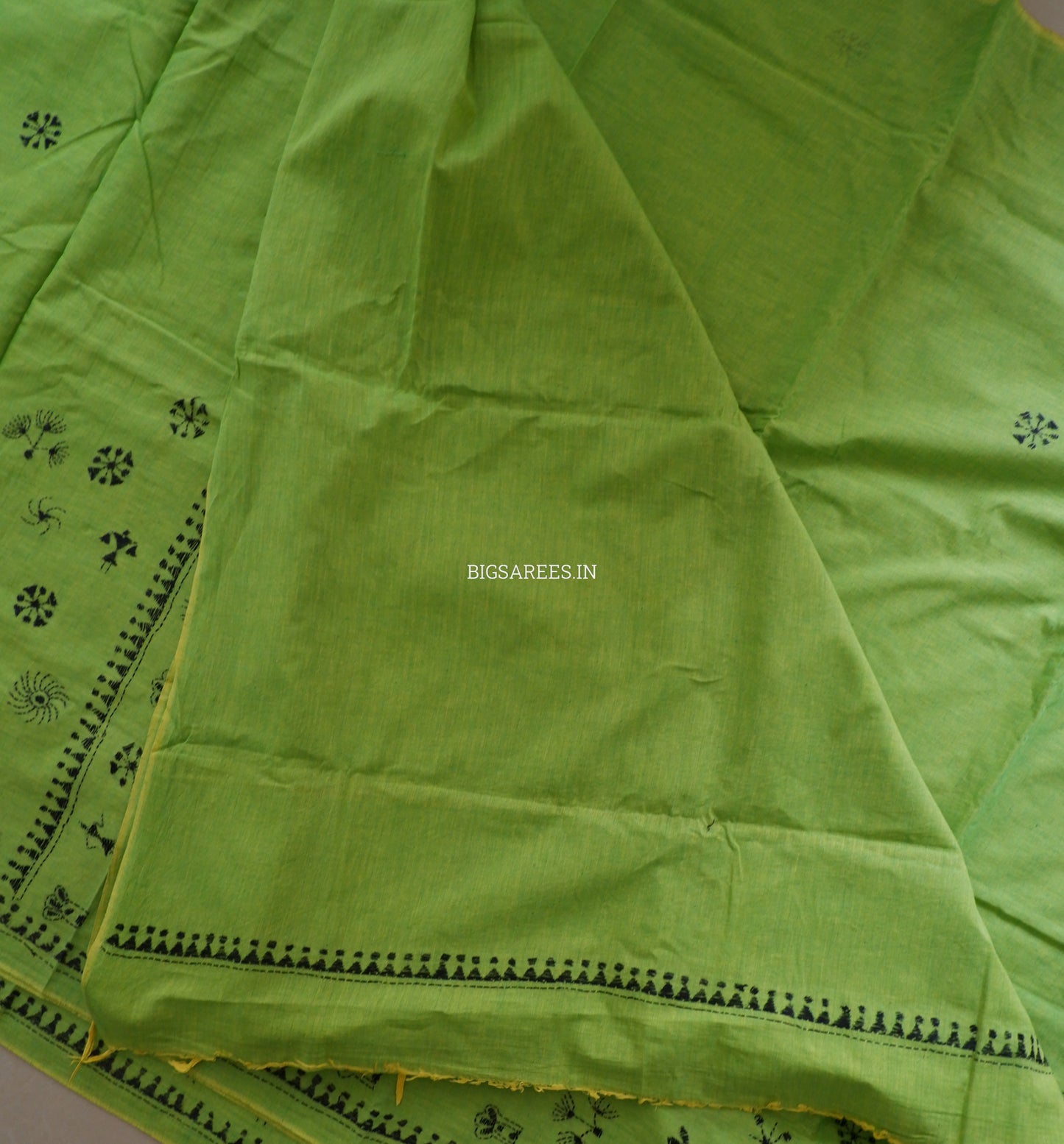 Kantha Stitch Hand-Embroidered Saree | Khadi Cotton | Green