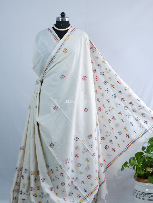 Kantha Stitch Hand-Embroidered Saree | Khadi Cotton | off White