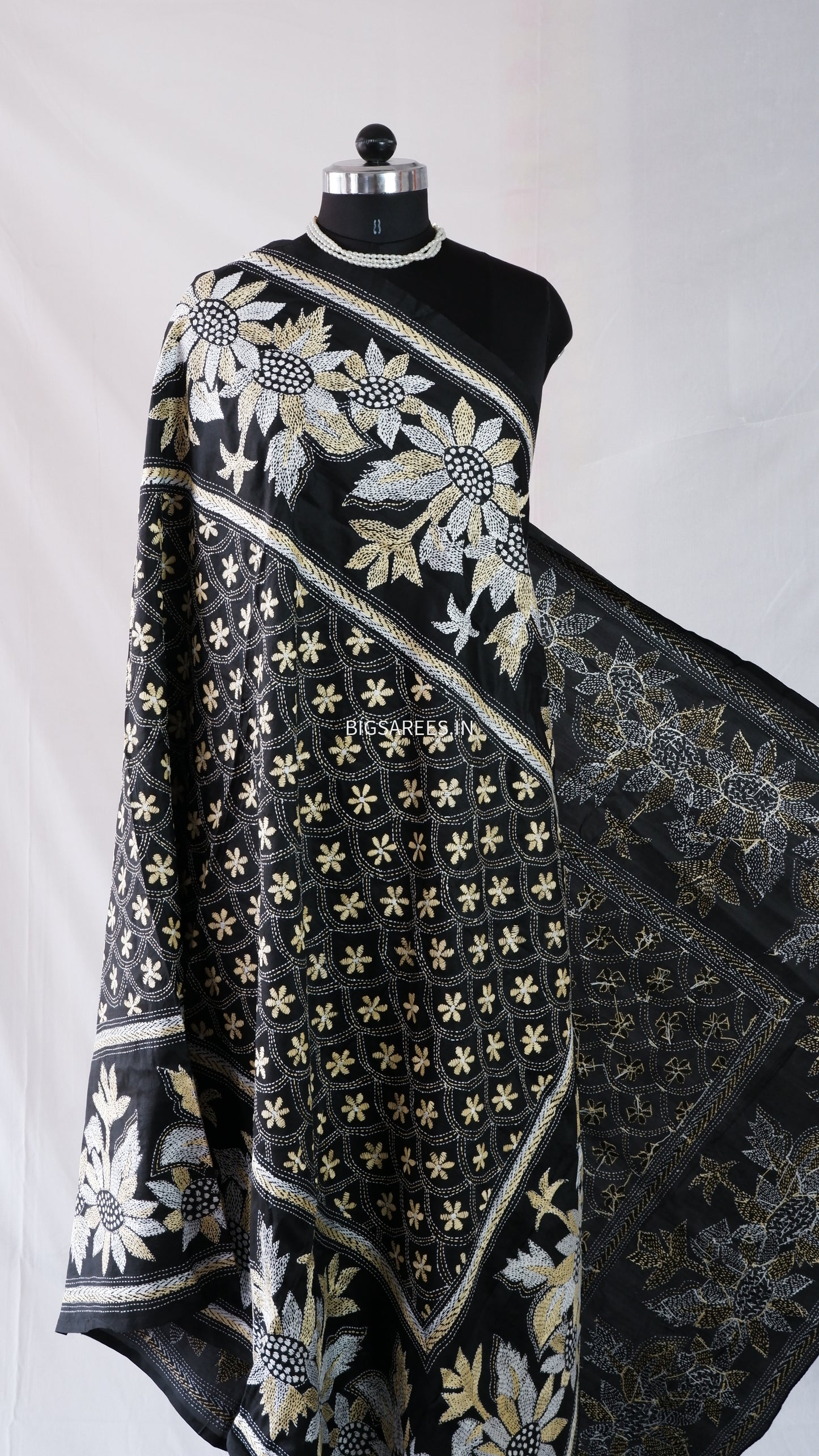 Kantha Stitch Hand Embroidery Full Work Pure Bangalore Silk Dupatta - Black