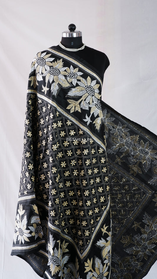 Kantha Stitch Hand Embroidery Full Work Pure Bangalore Silk Dupatta - Black