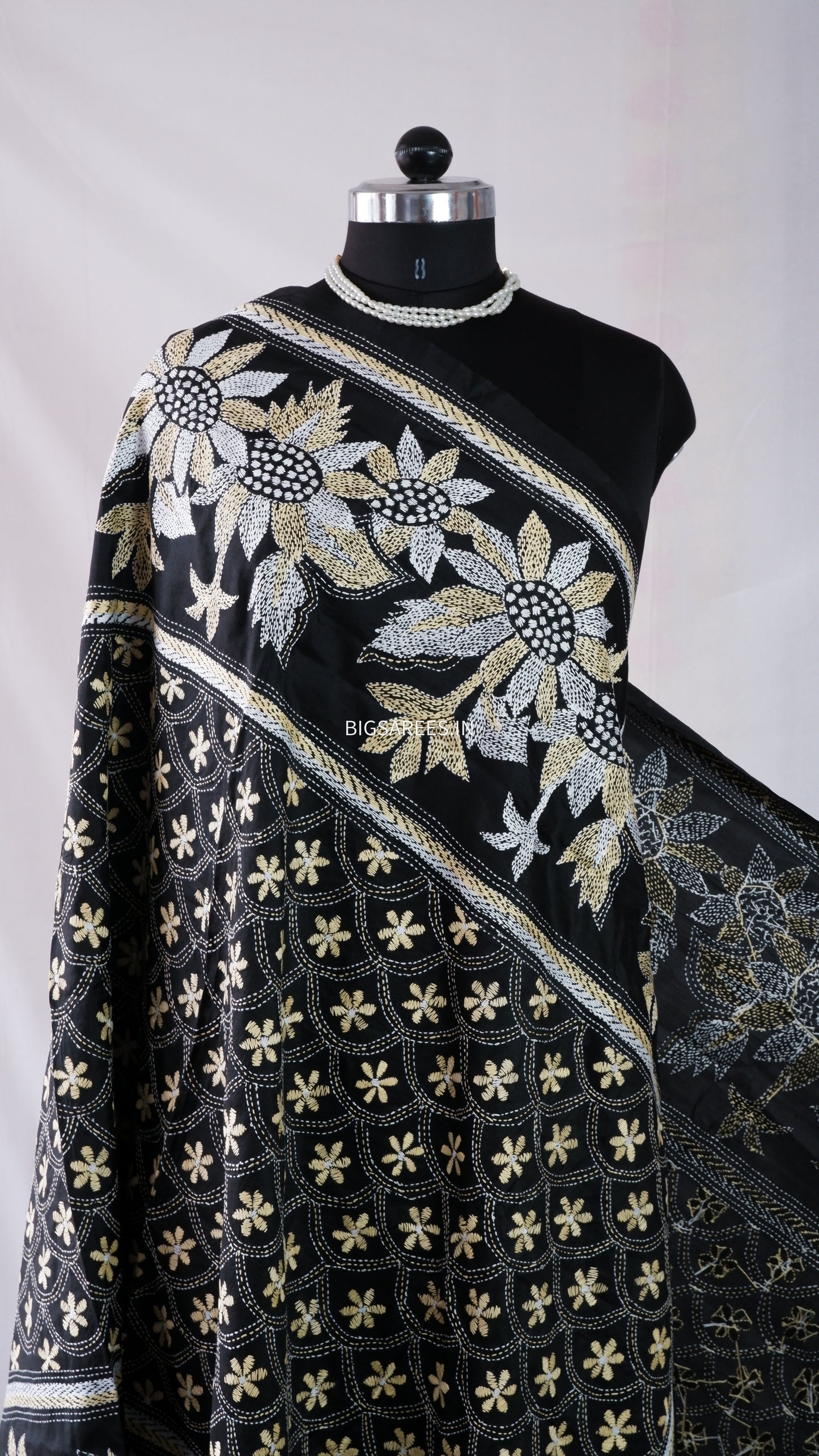 Kantha Stitch Hand Embroidery Full Work Pure Bangalore Silk Dupatta - Black