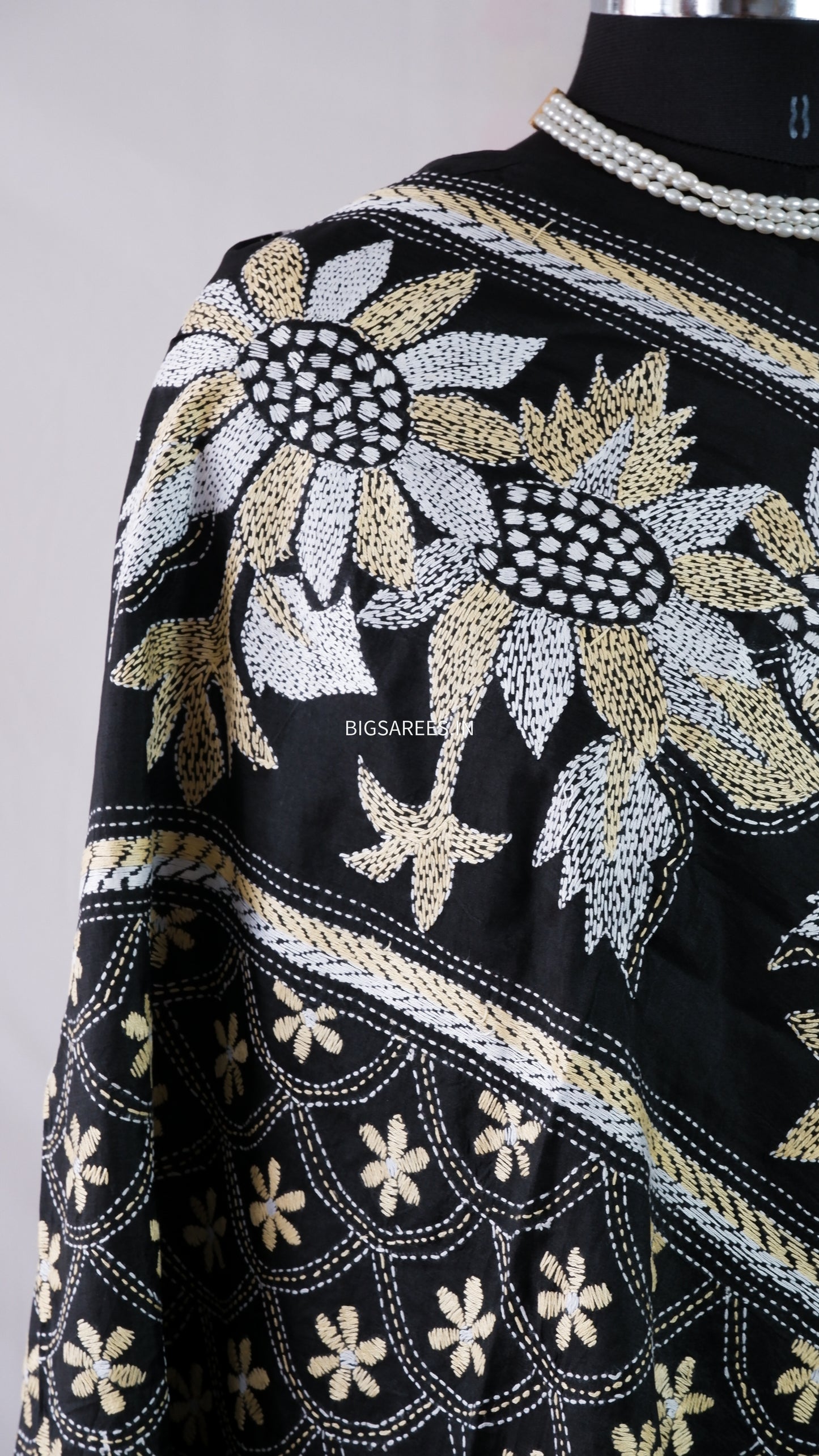 Kantha Stitch Hand Embroidery Full Work Pure Bangalore Silk Dupatta - Black
