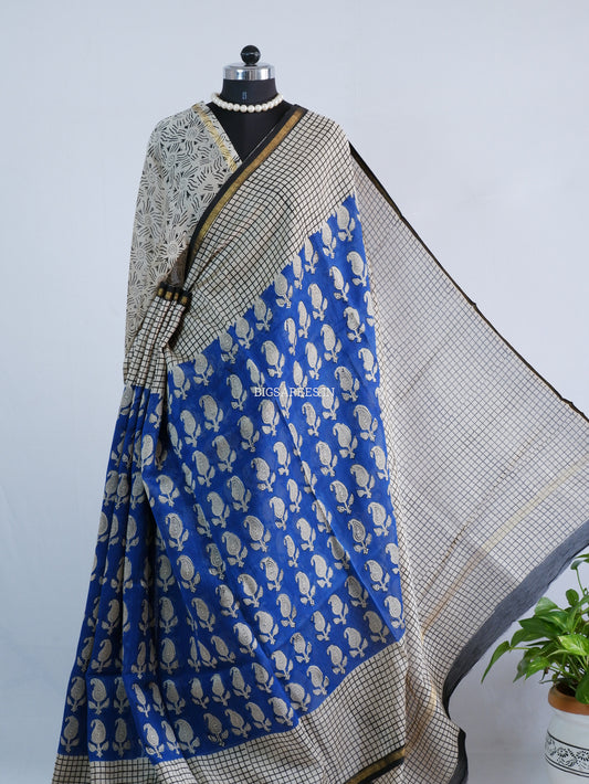 Hand Block Print Saree | Chanderi Silk | Indigo Blue