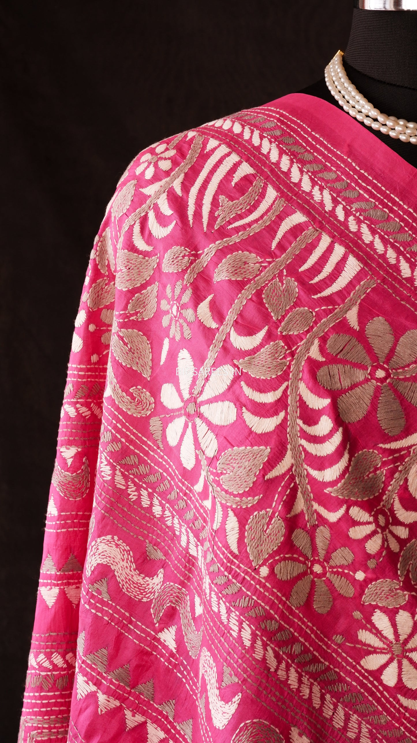 Rani Pink Kantha Stitch Hand Embroidery Full Work Pure Bangalore Silk Dupatta. (With Silk Mark)