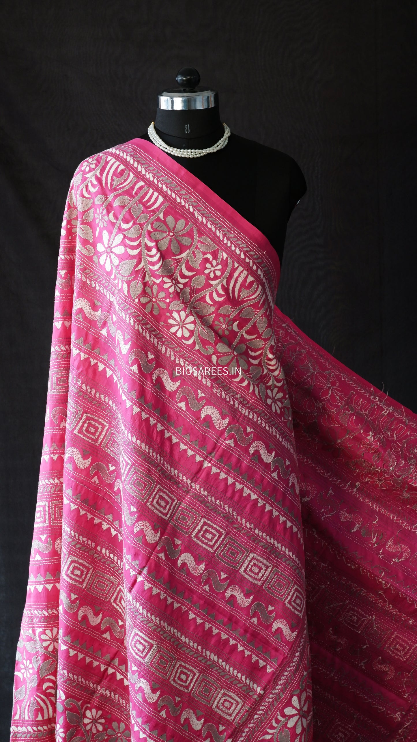 Rani Pink Kantha Stitch Hand Embroidery Full Work Pure Bangalore Silk Dupatta. (With Silk Mark)