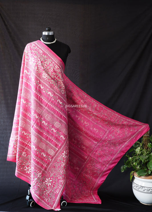 Rani Pink Kantha Stitch Hand Embroidery Full Work Pure Bangalore Silk Dupatta. (With Silk Mark)