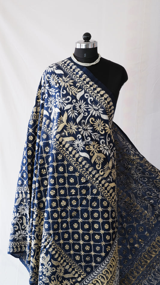 Kantha Stitch Hand Embroidery Full Work Pure Bangalore Silk Dupatta - Navy Blue
