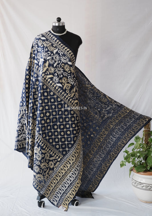 Kantha Stitch Hand Embroidery Full Work Pure Bangalore Silk Dupatta - Navy Blue