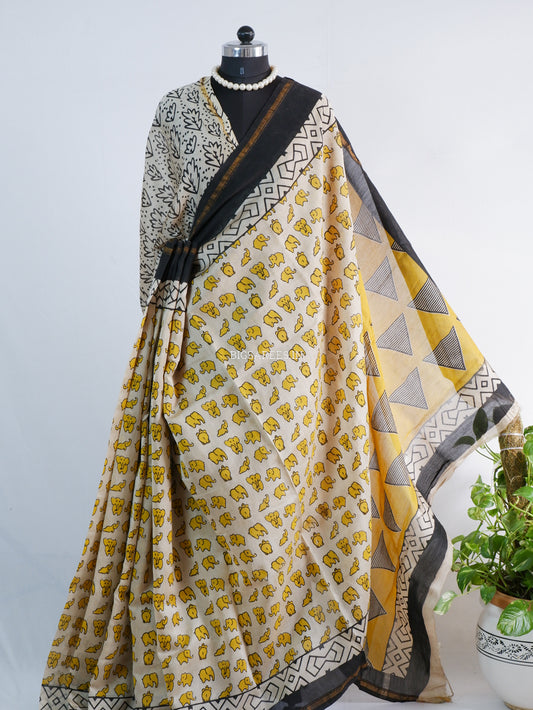 Hand Block Print Saree | Chanderi Silk | Yellow/White