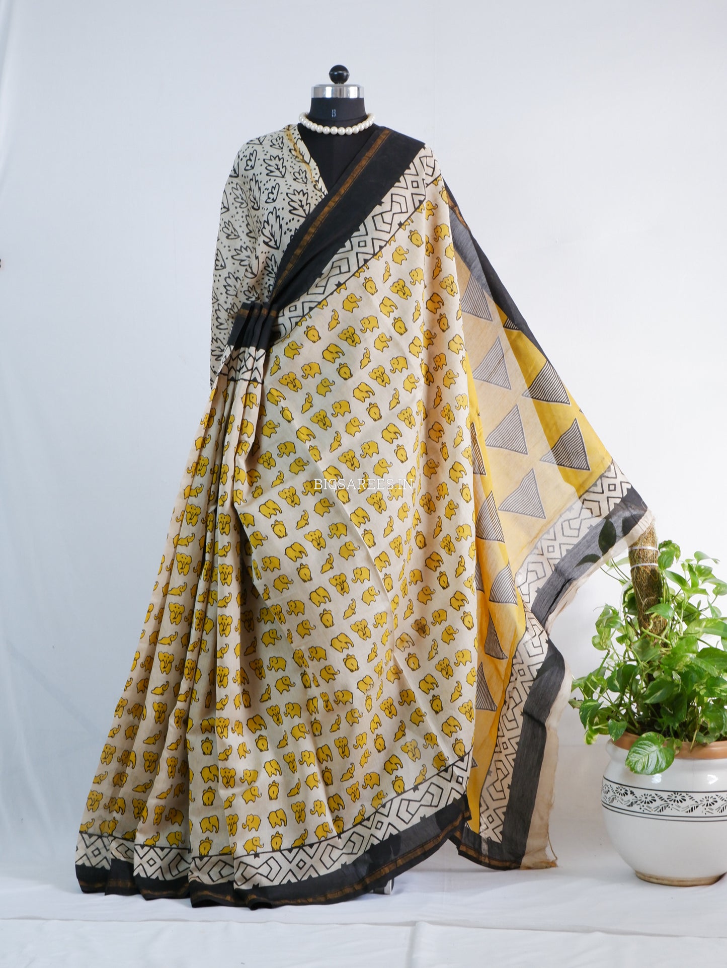 Hand Block Print Saree | Chanderi Silk | Yellow/White