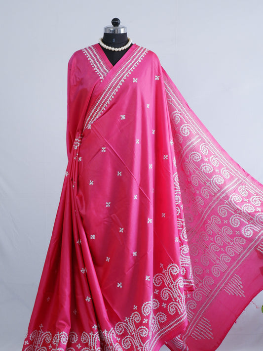 Kutchi/Gujarati Hand Embroidered Saree  | Blended Bangalore Silk / Art Silk | Pink