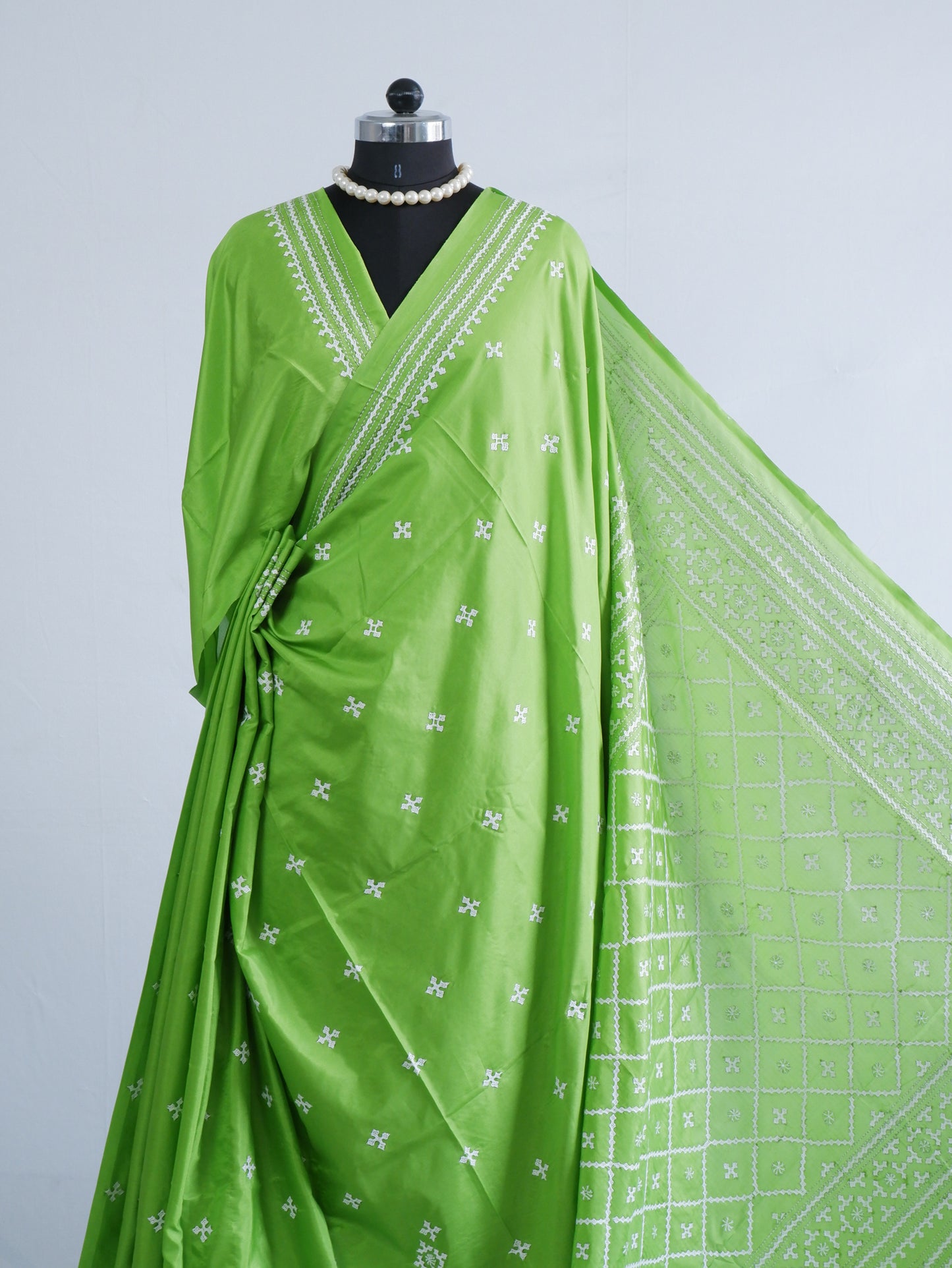 Kantha - Stitch Hand Embroidered Saree | Blended Bangalore Silk / Art Silk | Grass Green