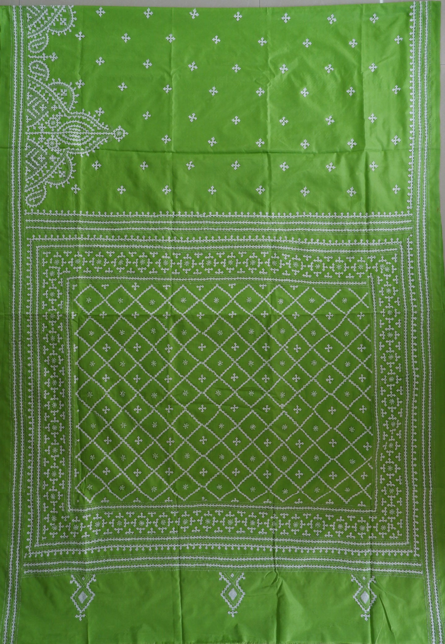 Kantha - Stitch Hand Embroidered Saree | Blended Bangalore Silk / Art Silk | Grass Green