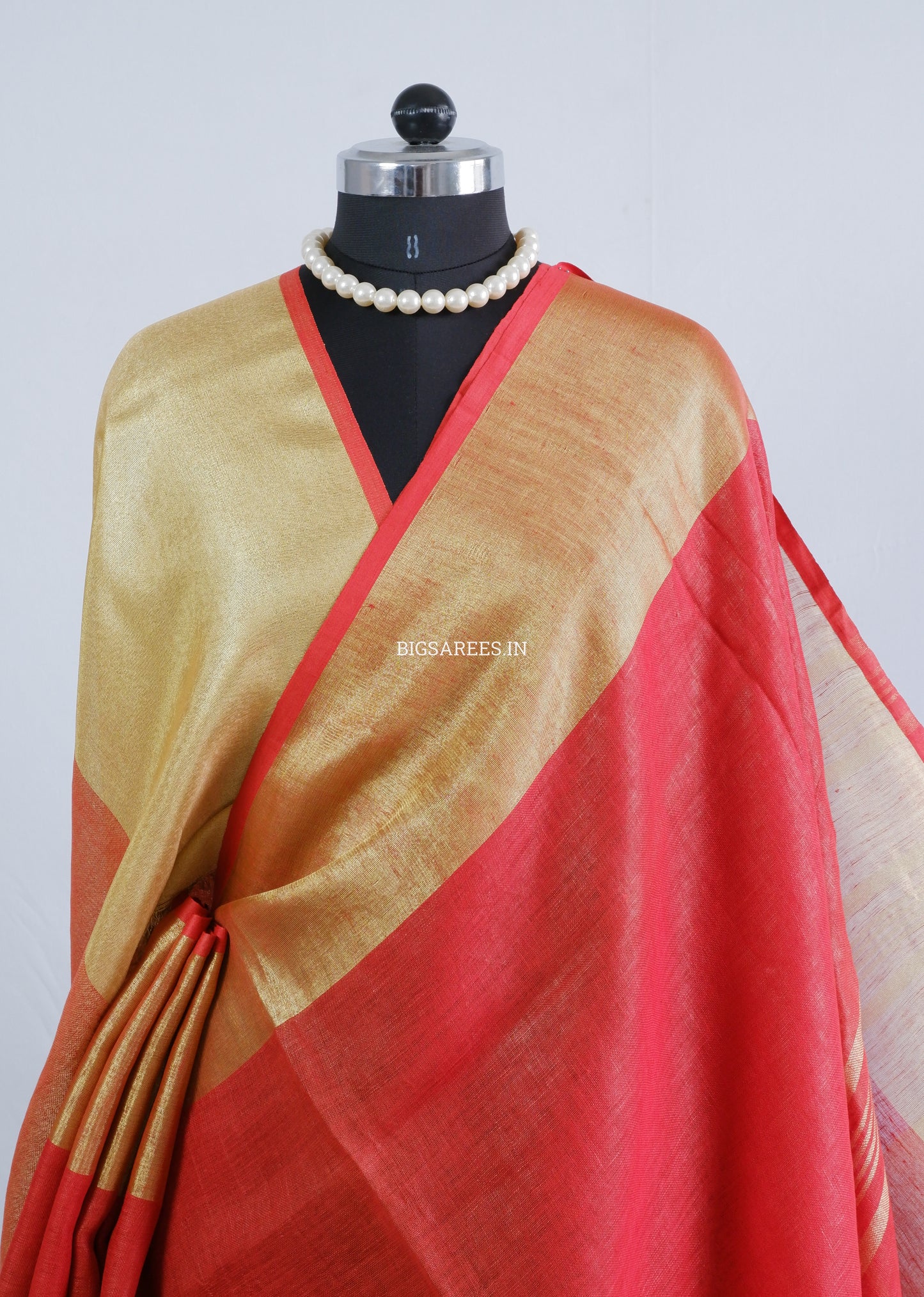 Red golden pure Linen By Linen Saree With running Blouse