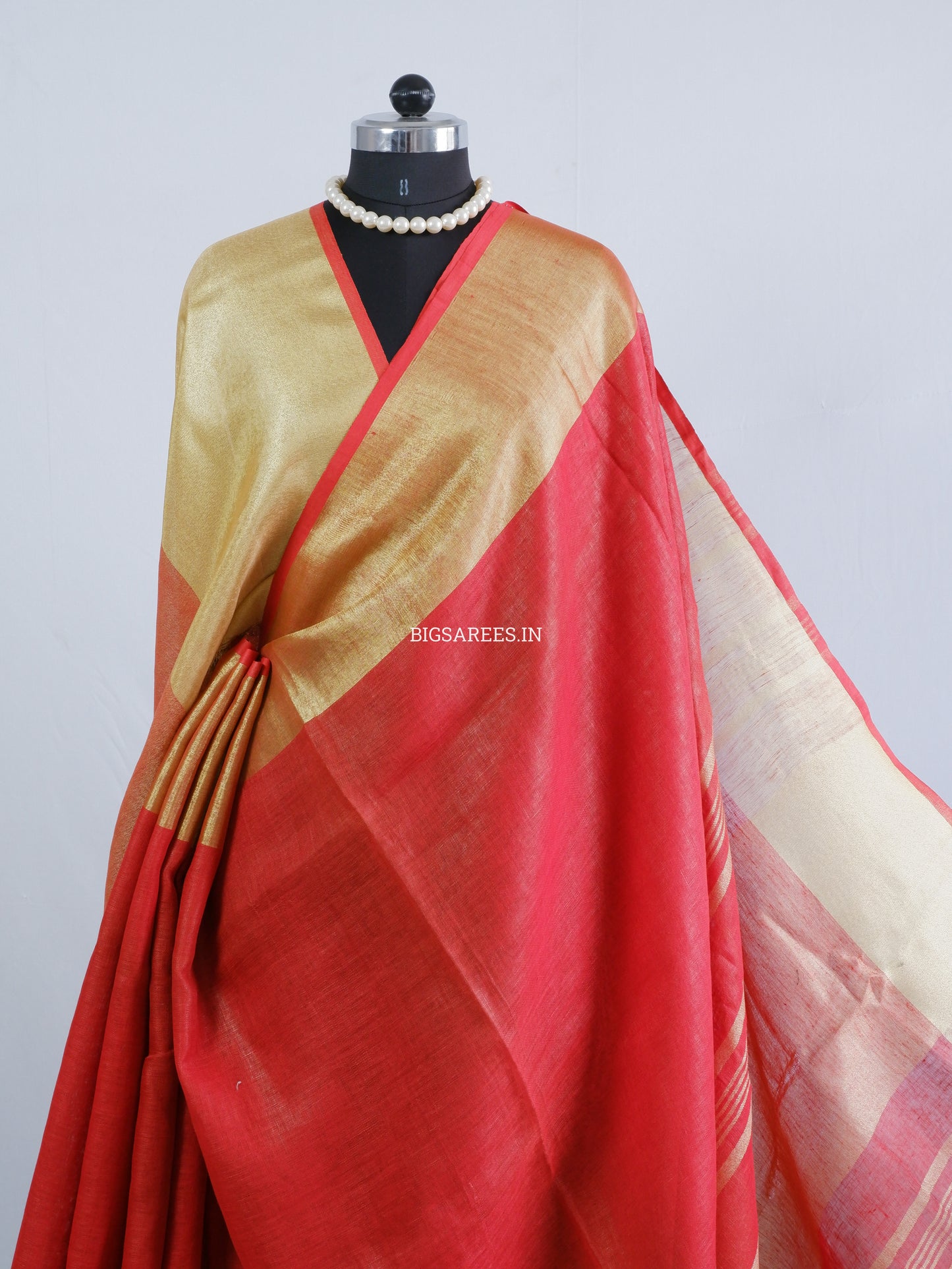 Red golden pure Linen By Linen Saree With running Blouse