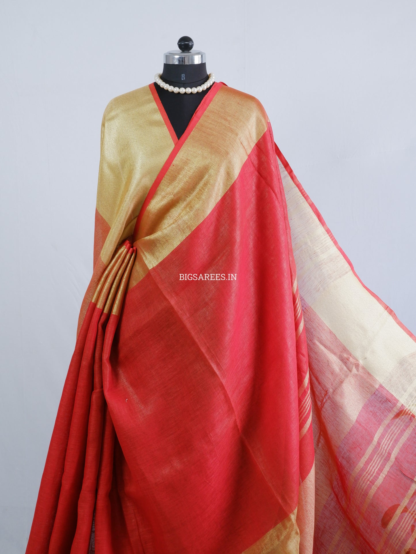 Red golden pure Linen By Linen Saree With running Blouse