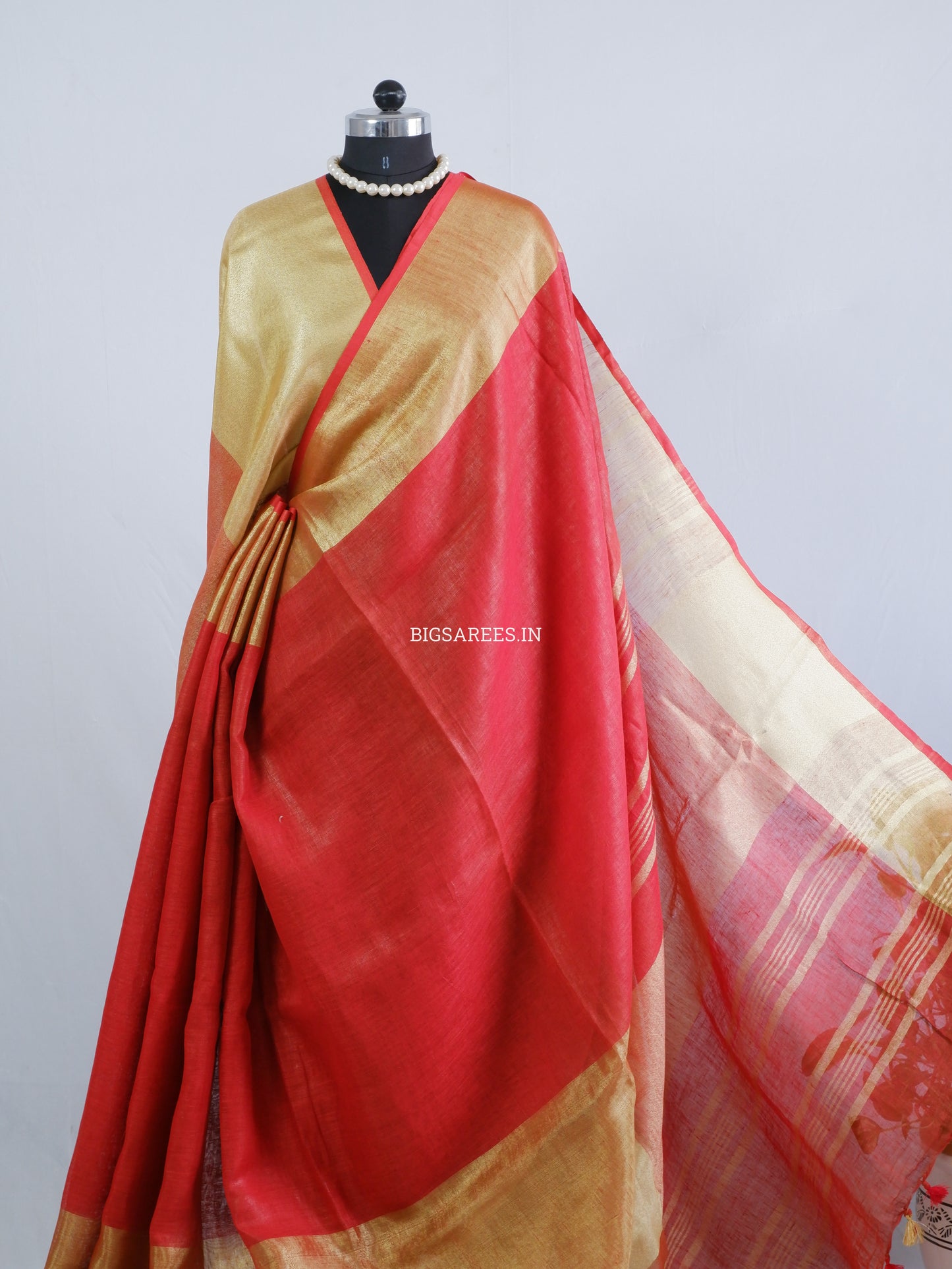 Red golden pure Linen By Linen Saree With running Blouse