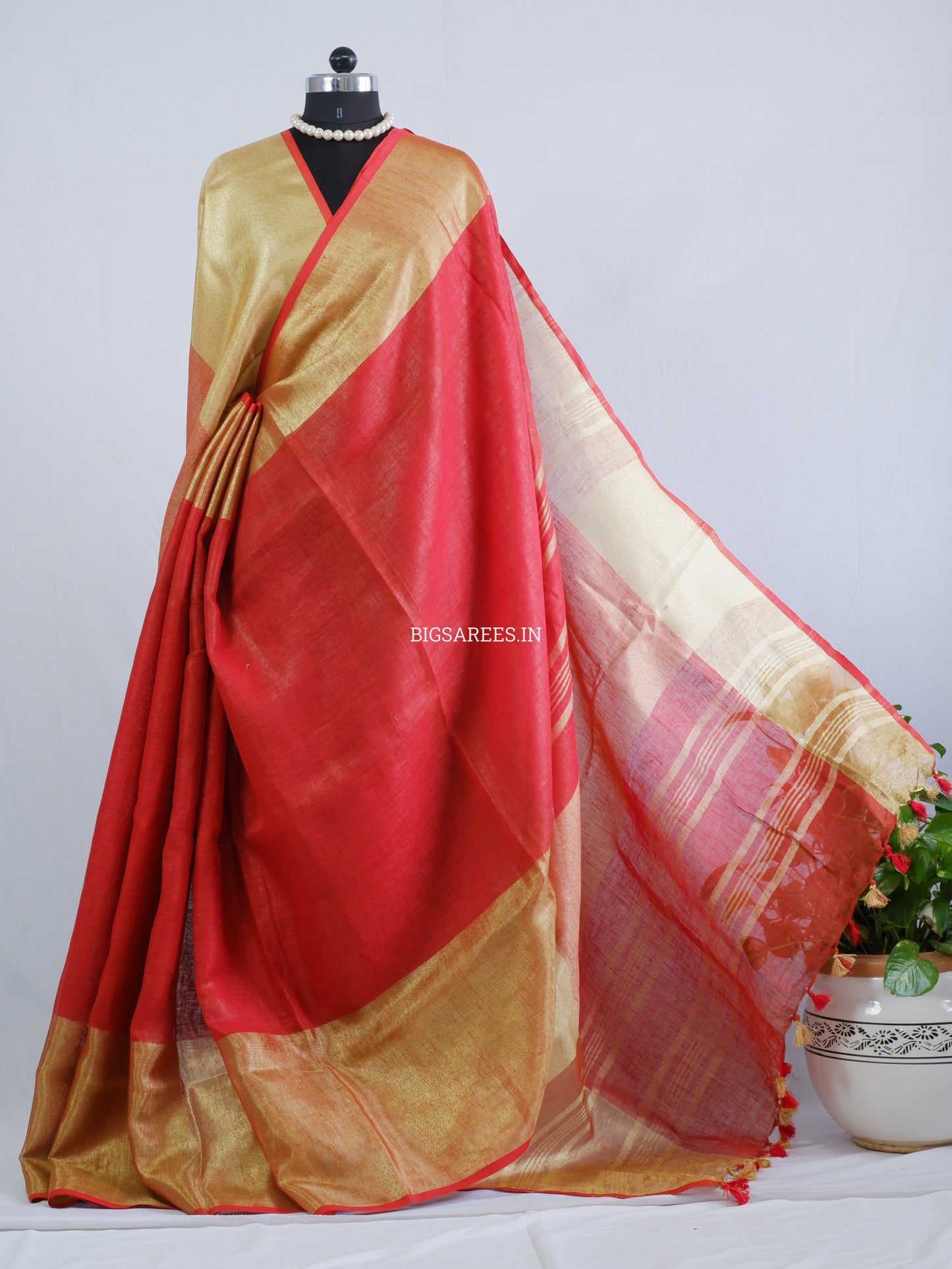 Red golden pure Linen By Linen Saree With running Blouse