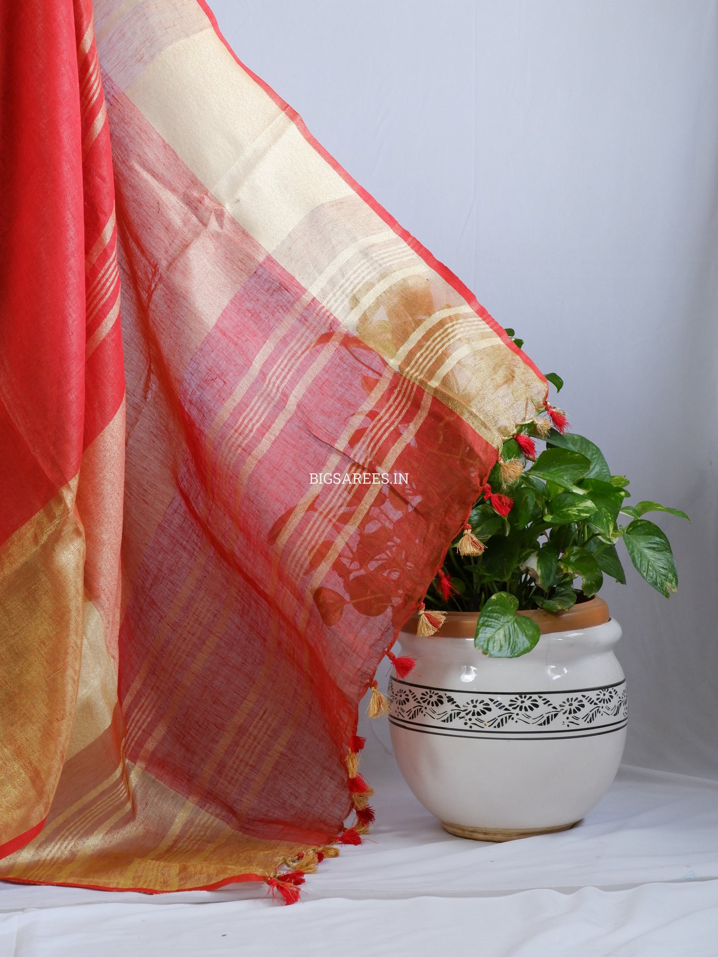 Red golden pure Linen By Linen Saree With running Blouse