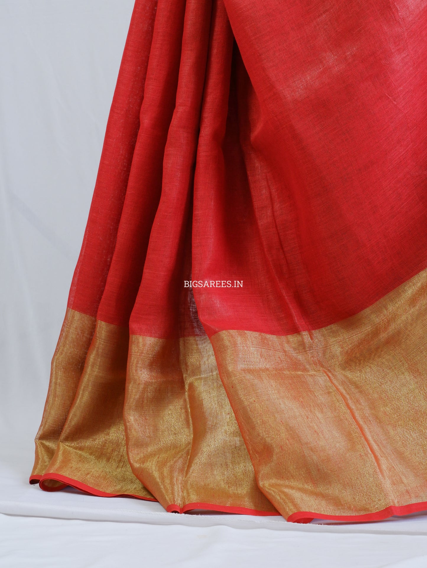 Red golden pure Linen By Linen Saree With running Blouse