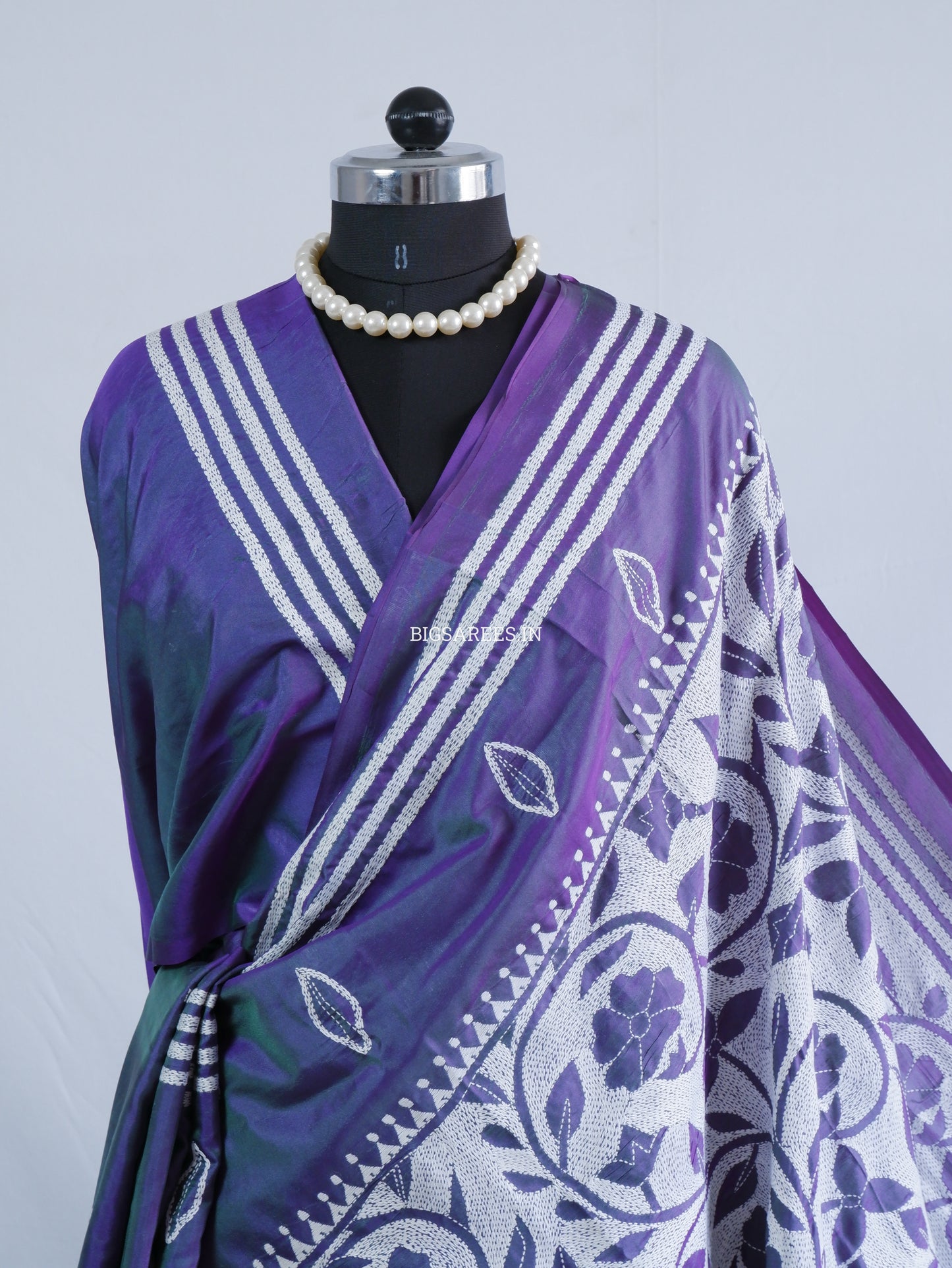 Reverse Kantha - Stitch Hand Embroidered Saree | Art Silk | Dual Tone