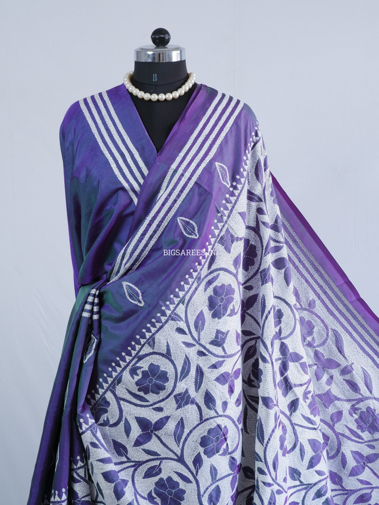 Reverse Kantha - Stitch Hand Embroidered Saree | Art Silk | Dual Tone