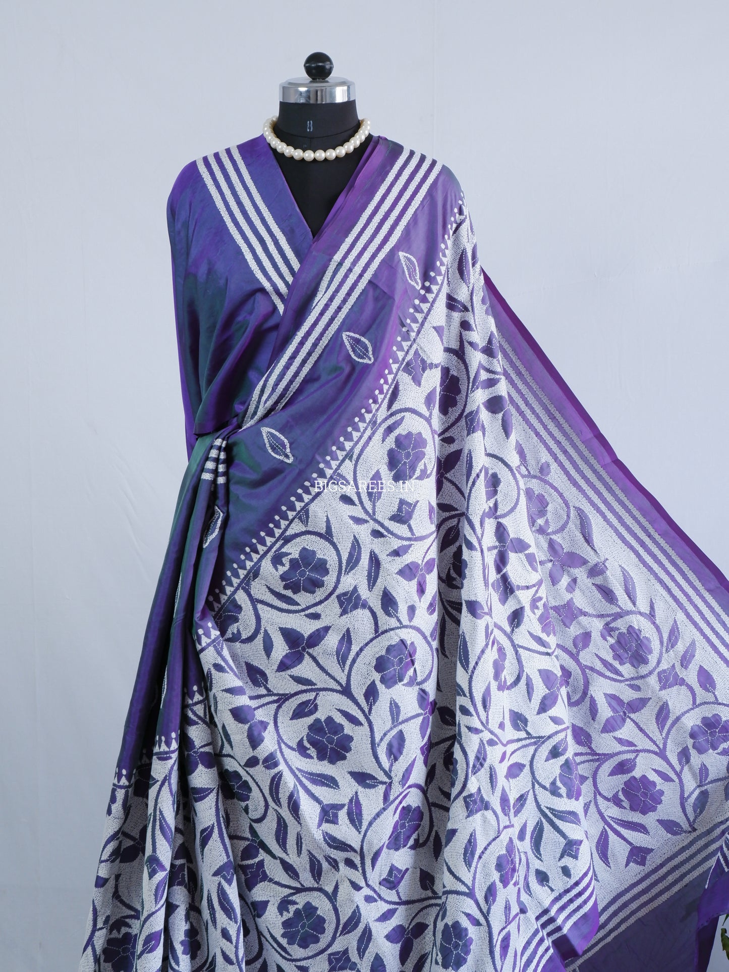 Reverse Kantha - Stitch Hand Embroidered Saree | Art Silk | Dual Tone