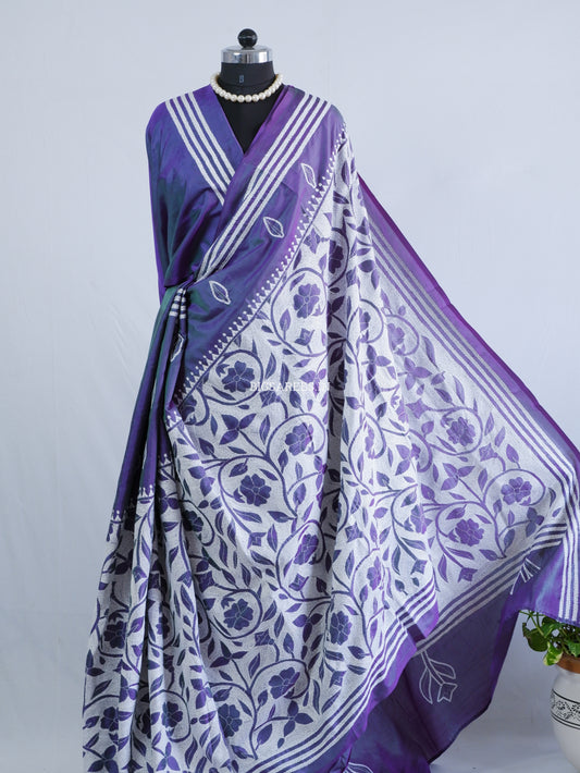 Reverse Kantha - Stitch Hand Embroidered Saree | Art Silk | Dual Tone