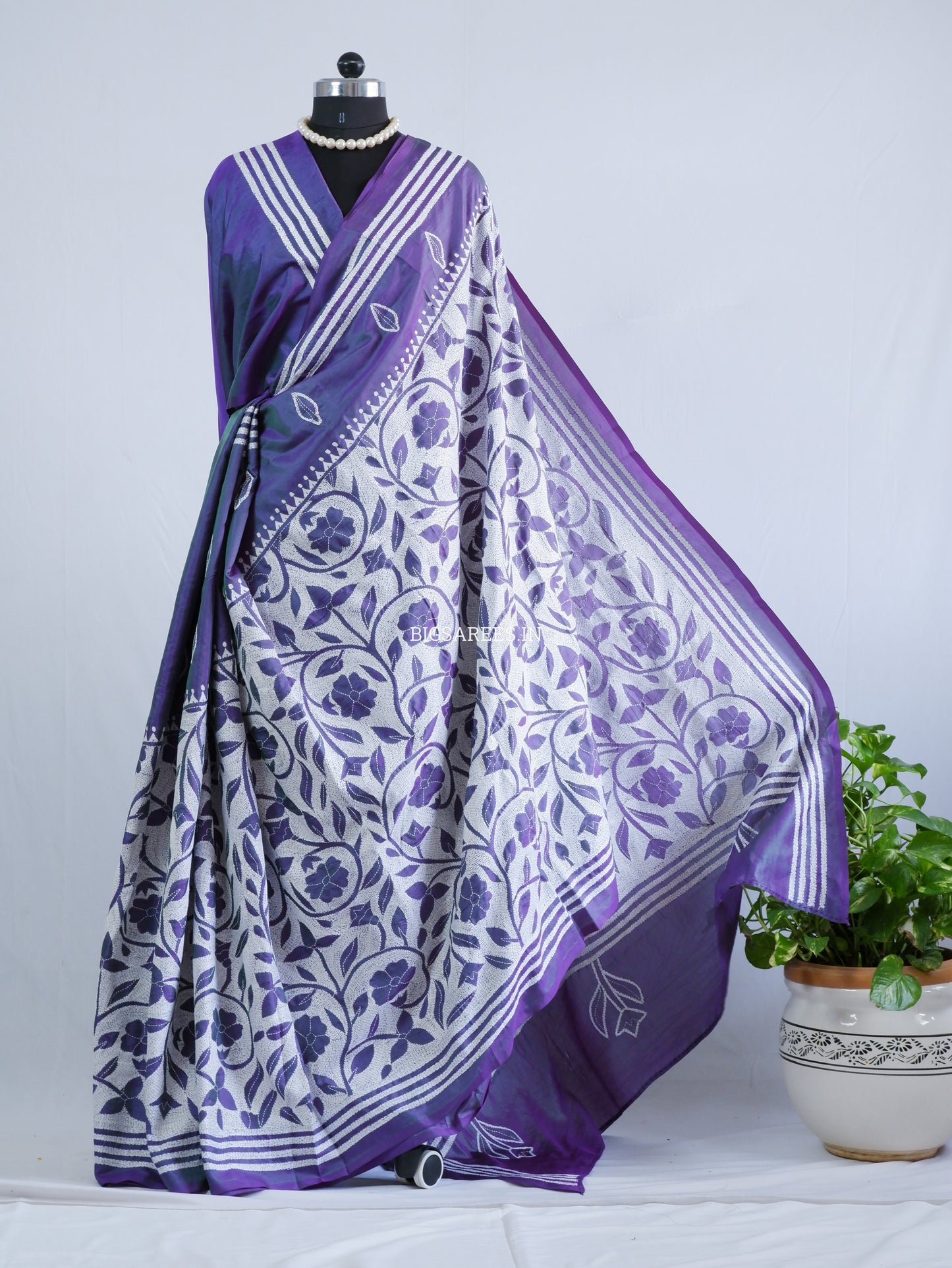 Reverse Kantha - Stitch Hand Embroidered Saree | Art Silk | Dual Tone
