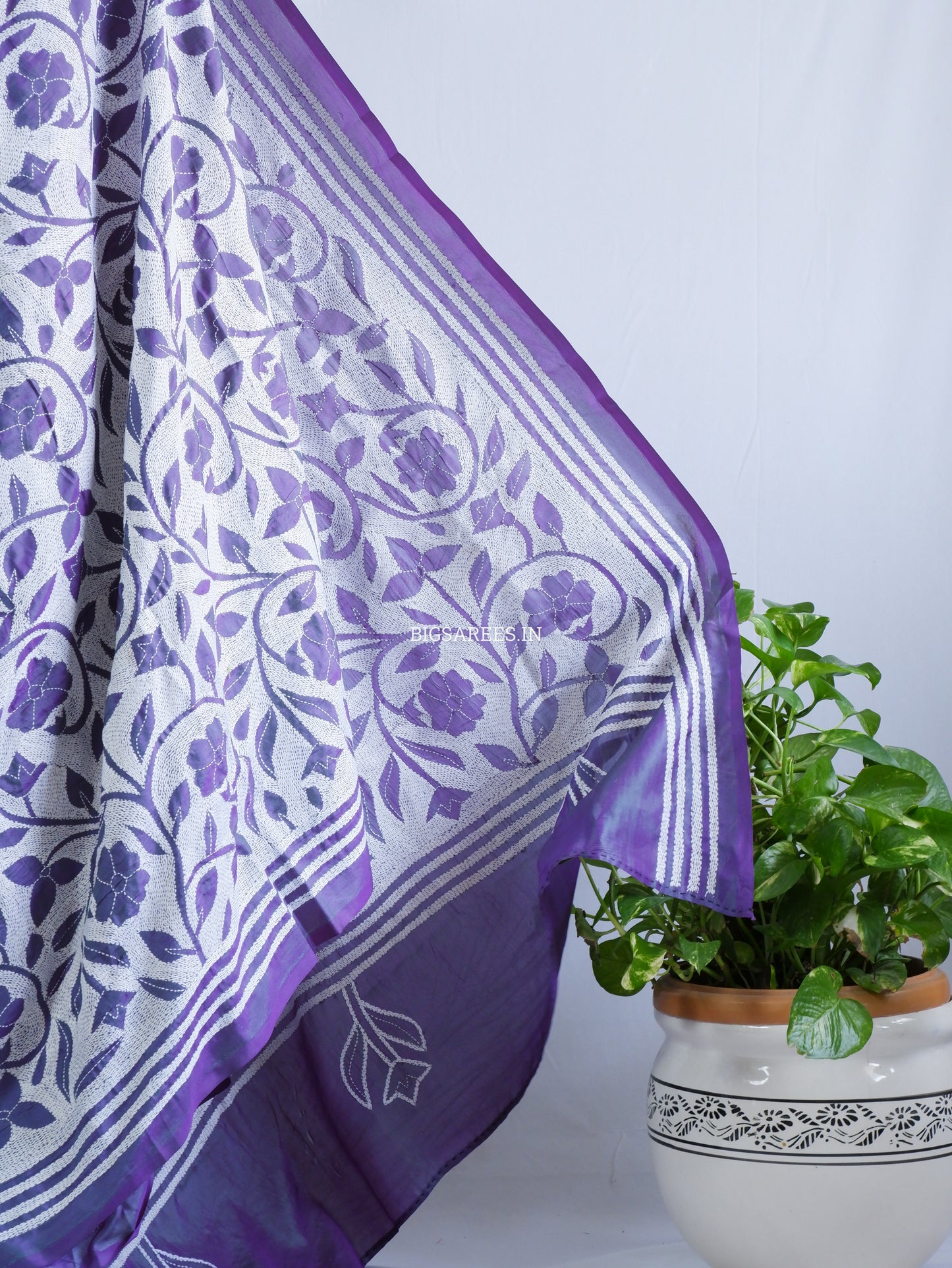 Reverse Kantha - Stitch Hand Embroidered Saree | Art Silk | Dual Tone