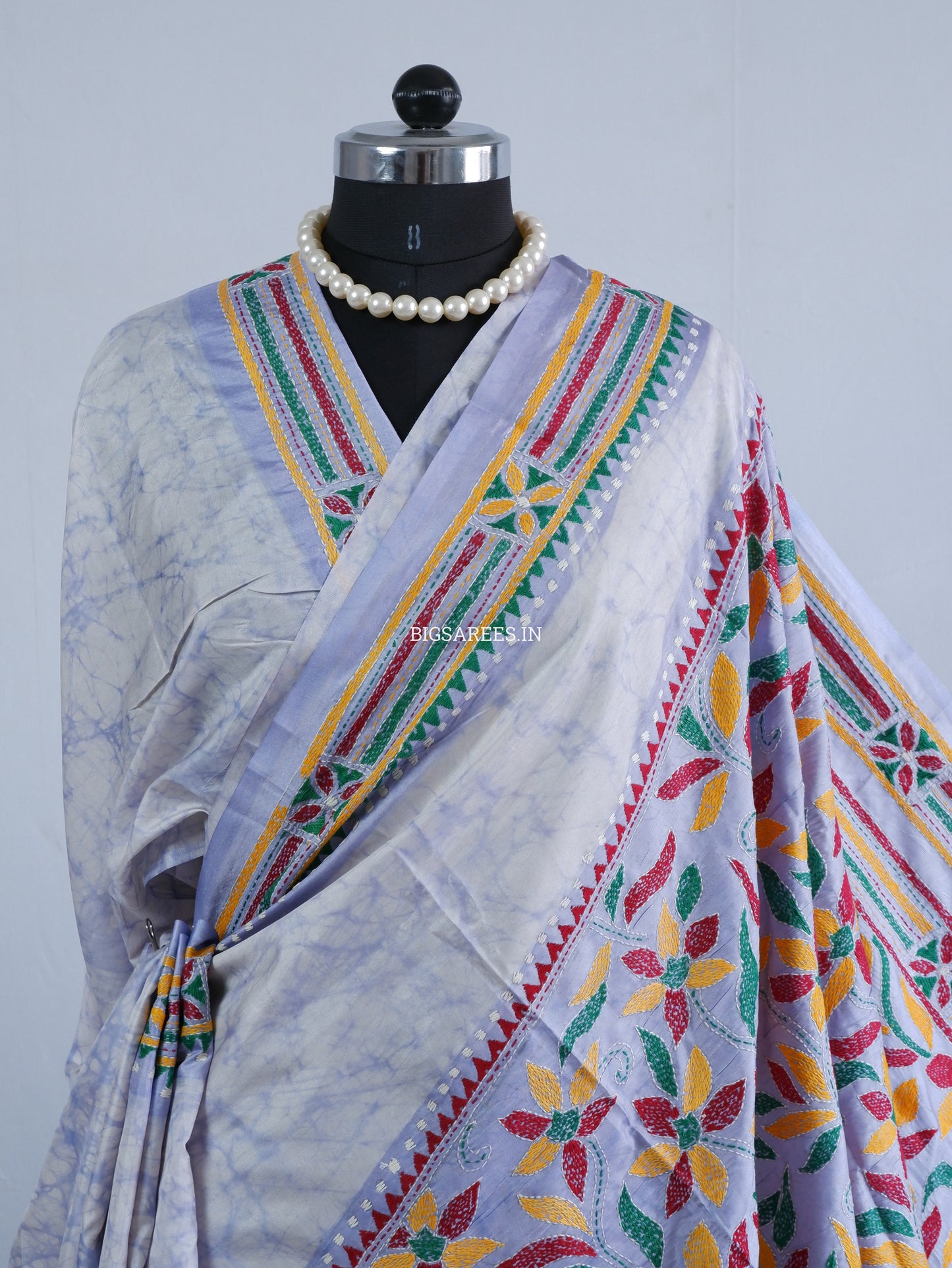Kantha Stitch Hand Embroidered Batik Saree | Blended Bangalore Silk / Art Silk