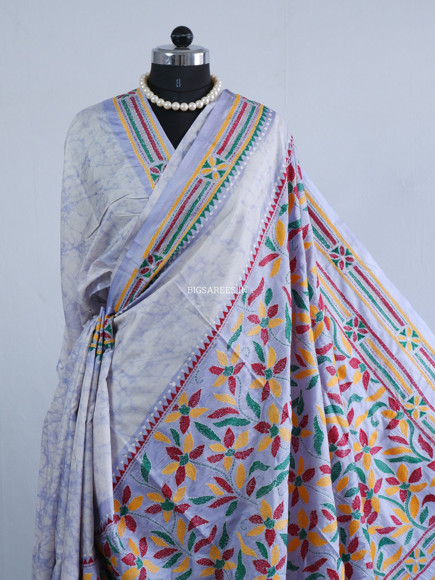 Kantha Stitch Hand Embroidered Batik Saree | Blended Bangalore Silk / Art Silk