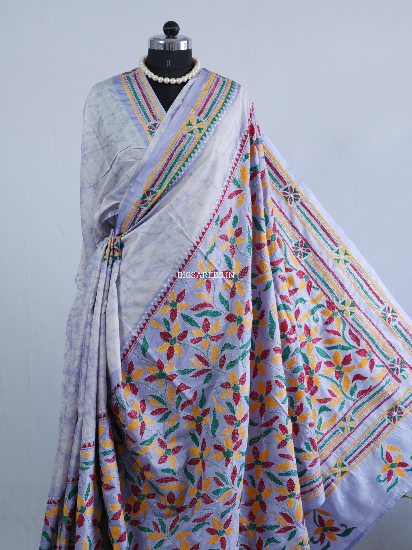Kantha Stitch Hand Embroidered Batik Saree | Blended Bangalore Silk / Art Silk