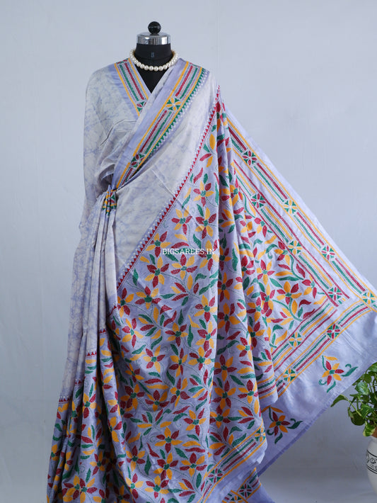 Kantha Stitch Hand Embroidered Batik Saree | Blended Bangalore Silk / Art Silk
