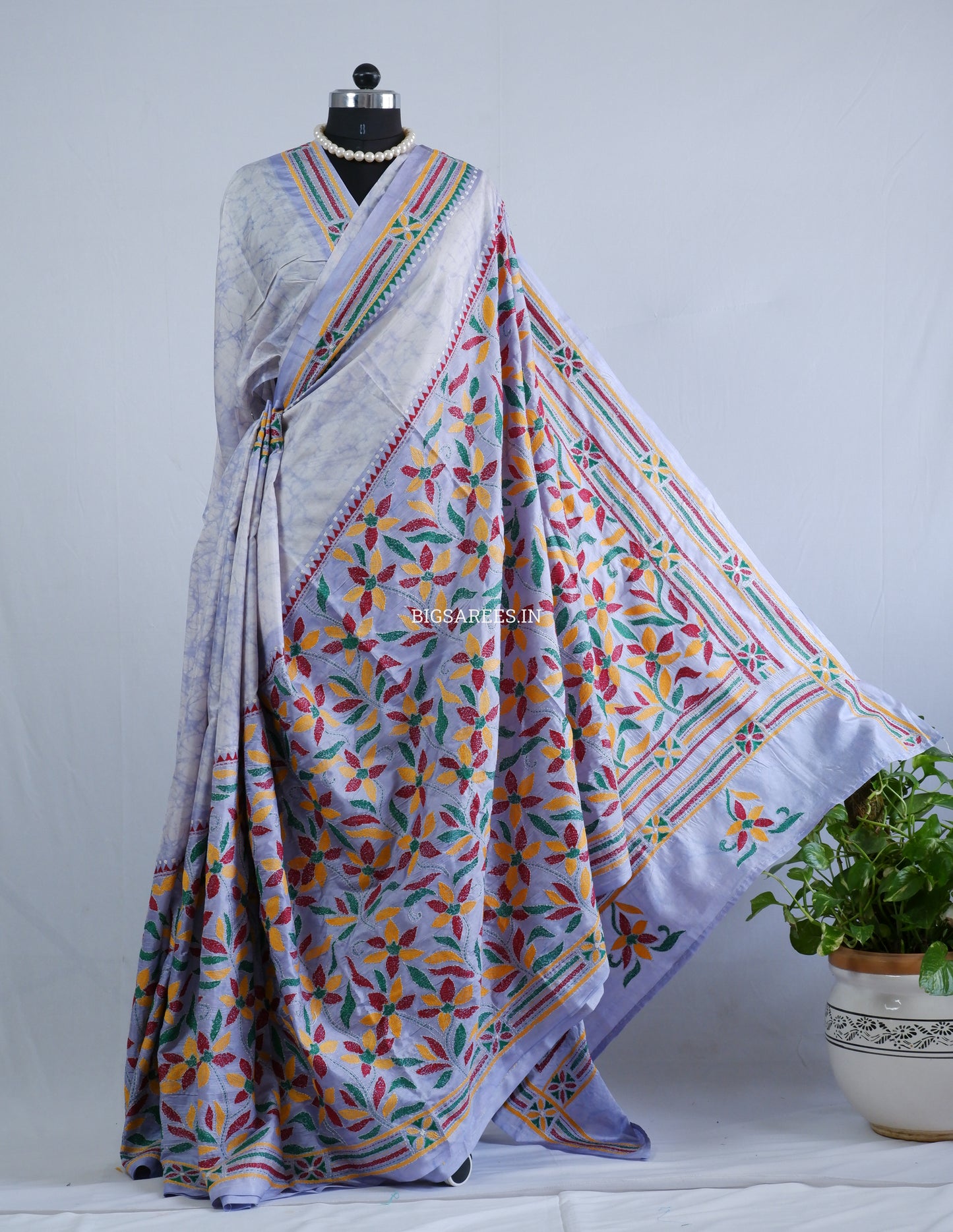 Kantha Stitch Hand Embroidered Batik Saree | Blended Bangalore Silk / Art Silk